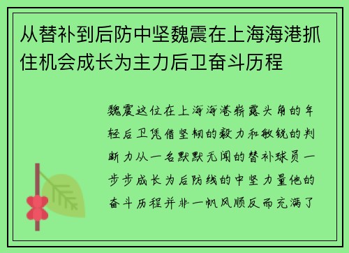 从替补到后防中坚魏震在上海海港抓住机会成长为主力后卫奋斗历程